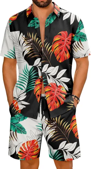 LecGee Men's Hawaiian Shirt Set Summer Hawaii 2 Piece Beach Tropical Button up Top & Shorts Floral Short Sleeve Twin Set