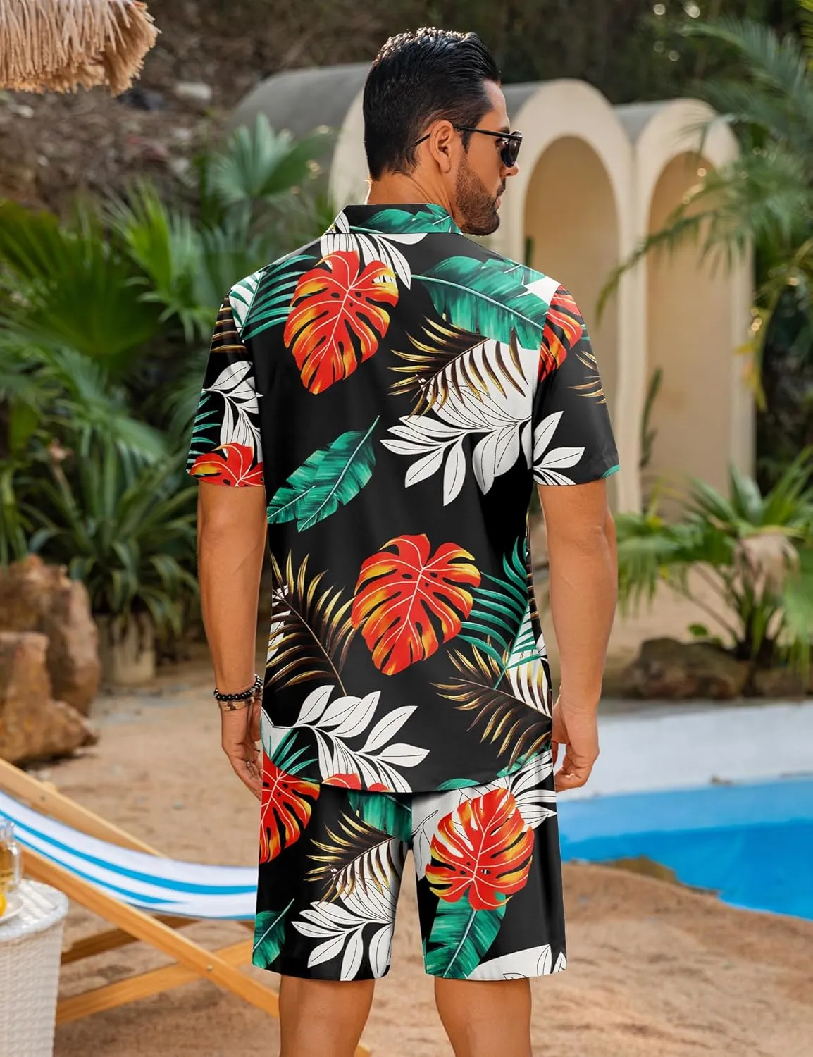 LecGee Men's Hawaiian Shirt Set Summer Hawaii 2 Piece Beach Tropical Button up Top & Shorts Floral Short Sleeve Twin Set