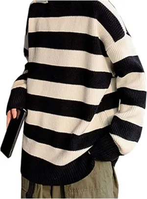 LifeShe Women's Men Striped Sweater Pullovers Oversized Knitted Jumpers Sweatershirts Streetwear
