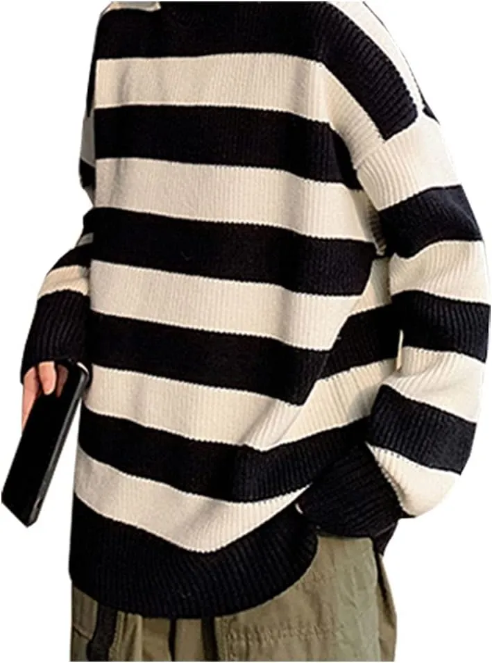 LifeShe Women's Men Striped Sweater Pullovers Oversized Knitted Jumpers Sweatershirts Streetwear