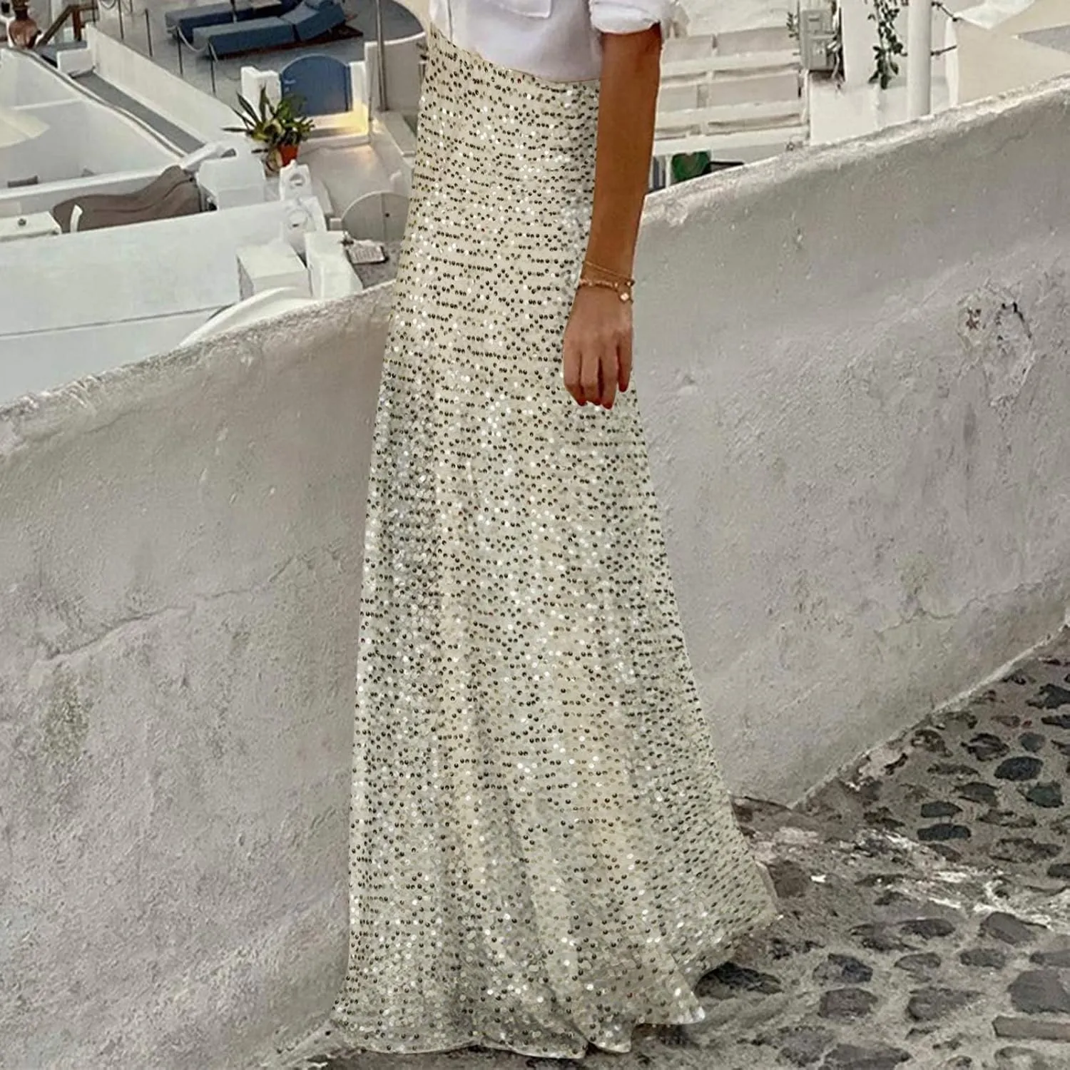Long Skirts for Women High Waisted Pleated Stretch Skirt Fashion Sequin Flowy Comfort Ruffle Maxi Skirts 2025 New
