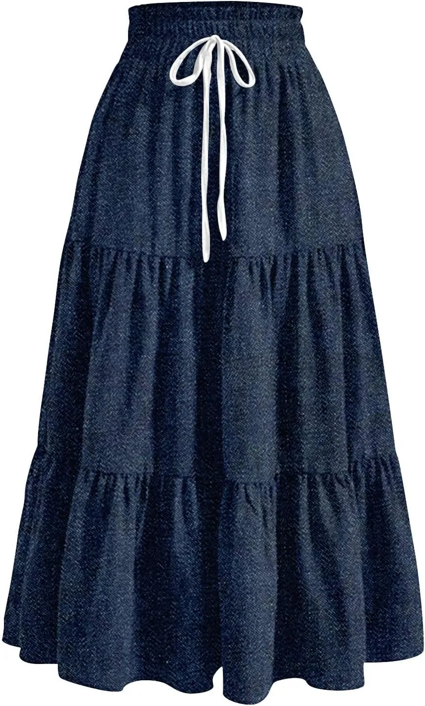 Long Skirts for Women Trendy Drawstring High Waisted Tiered Ruffle Midi Skirts Casual Summer Vacation Beach Skirt