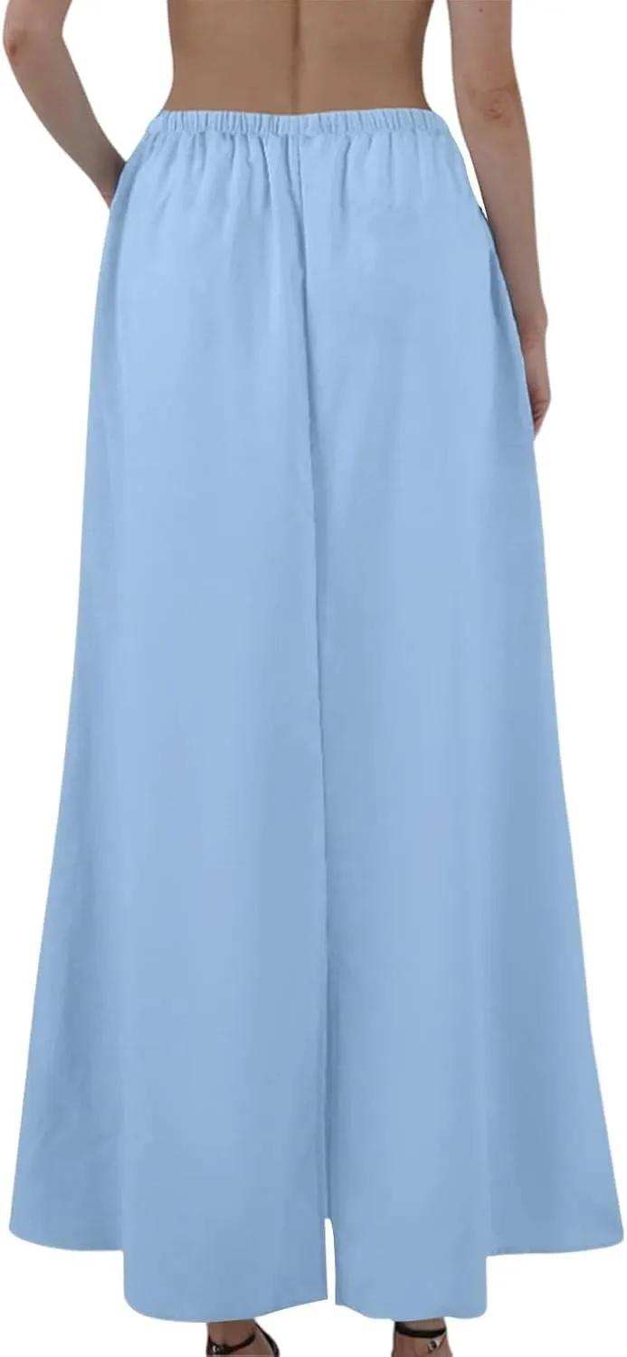 Long Trendy Skirts for Women Cotton Linen Beach Vacation Drawstring Low Waist Flowy Bohemian Short Dress Casual Holiday
