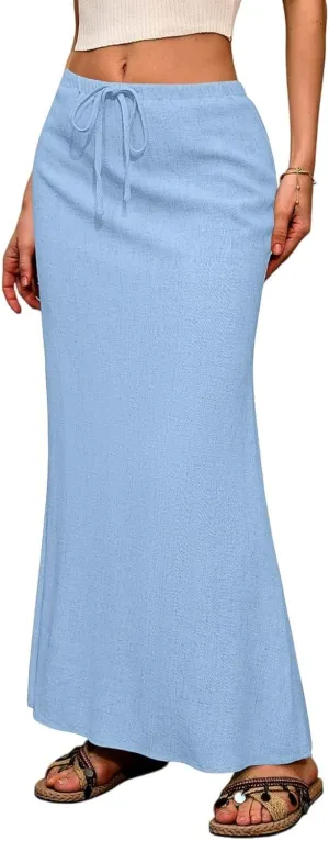 Long Trendy Skirts for Women Cotton Linen Beach Vacation Drawstring Low Waist Flowy Bohemian Short Dress Casual Holiday