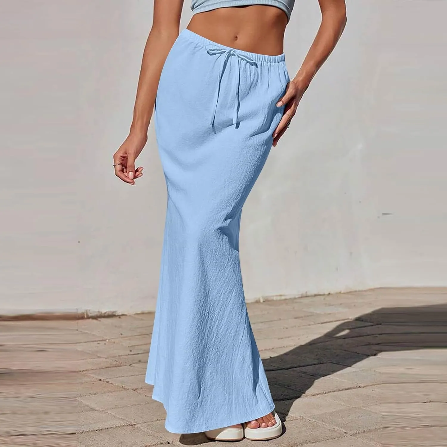 Long Trendy Skirts for Women Cotton Linen Beach Vacation Drawstring Low Waist Flowy Bohemian Short Dress Casual Holiday