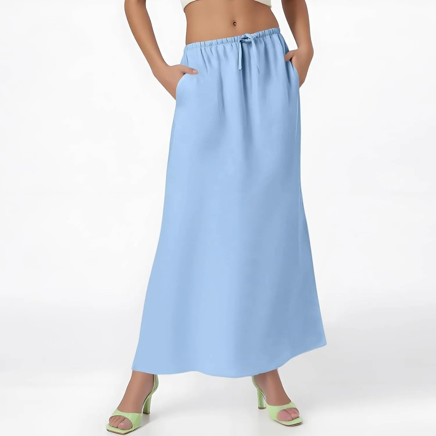 Long Trendy Skirts for Women Cotton Linen Beach Vacation Drawstring Low Waist Flowy Bohemian Short Dress Casual Holiday