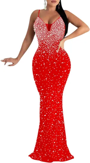 Lrady Womens Elegant Sexy Party Gowns Glitter Rhinestones Bodycon Wedding Formal Evening Cocktail Long Dress