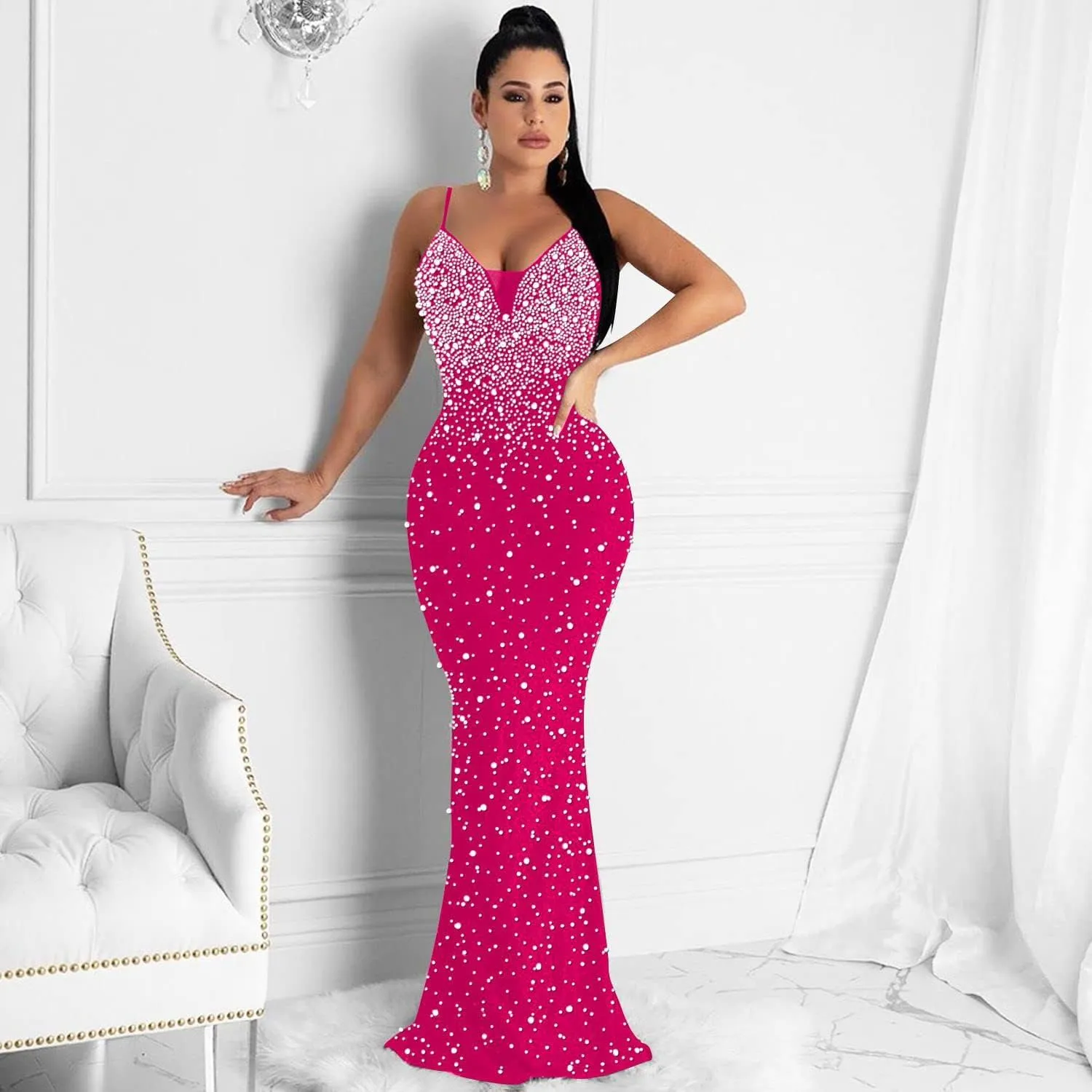 Lrady Womens Elegant Sexy Party Gowns Glitter Rhinestones Bodycon Wedding Formal Evening Cocktail Long Dress