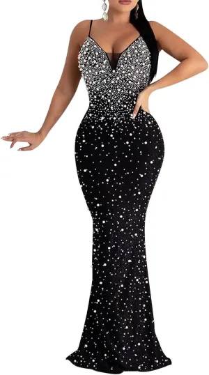 Lrady Womens Elegant Sexy Party Gowns Glitter Rhinestones Bodycon Wedding Formal Evening Cocktail Long Dress