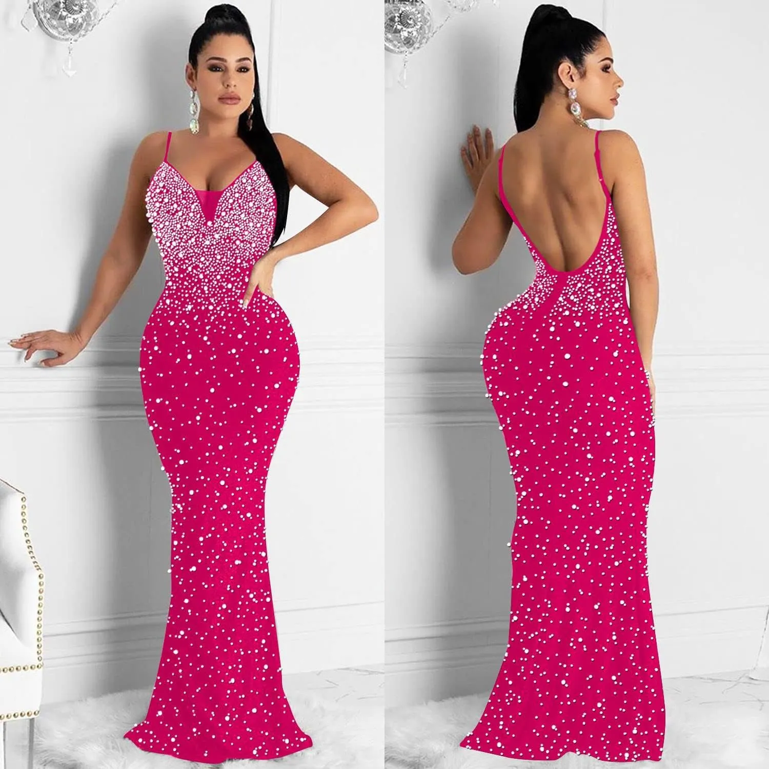 Lrady Womens Elegant Sexy Party Gowns Glitter Rhinestones Bodycon Wedding Formal Evening Cocktail Long Dress