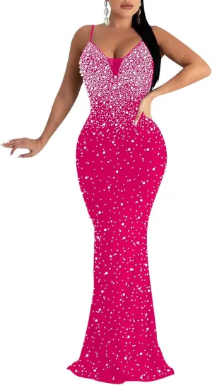 Lrady Womens Elegant Sexy Party Gowns Glitter Rhinestones Bodycon Wedding Formal Evening Cocktail Long Dress