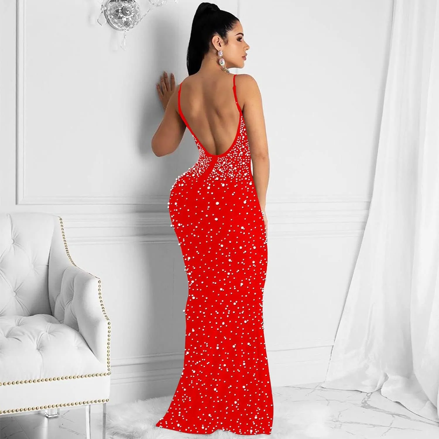 Lrady Womens Elegant Sexy Party Gowns Glitter Rhinestones Bodycon Wedding Formal Evening Cocktail Long Dress