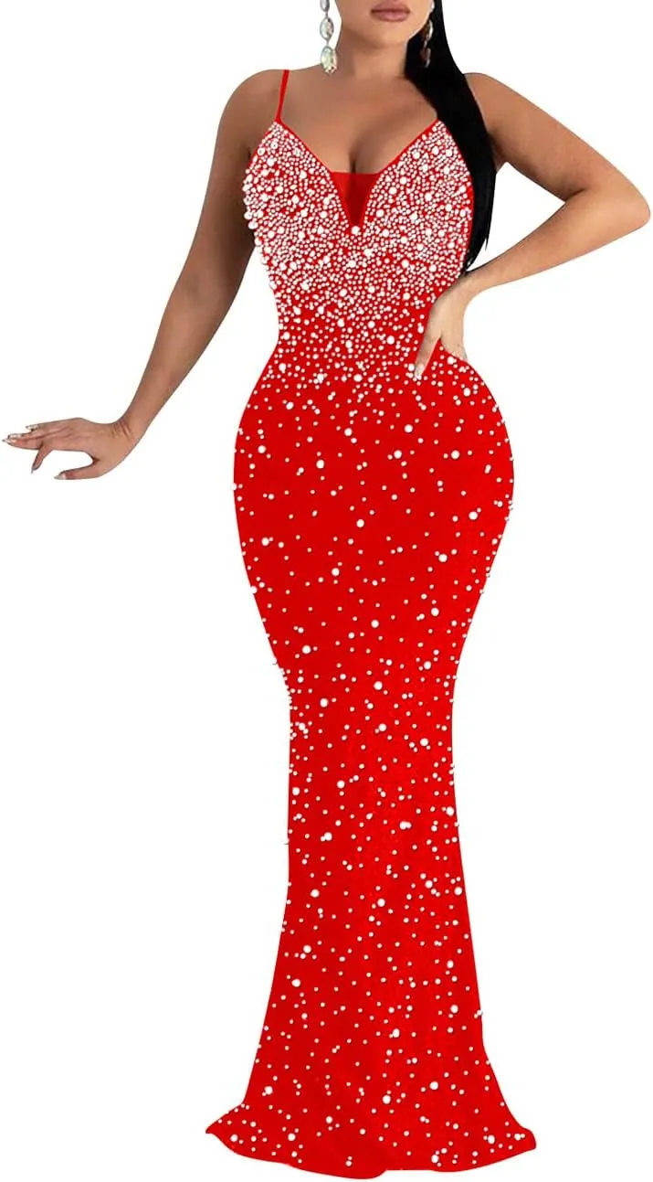 Lrady Womens Elegant Sexy Party Gowns Glitter Rhinestones Bodycon Wedding Formal Evening Cocktail Long Dress
