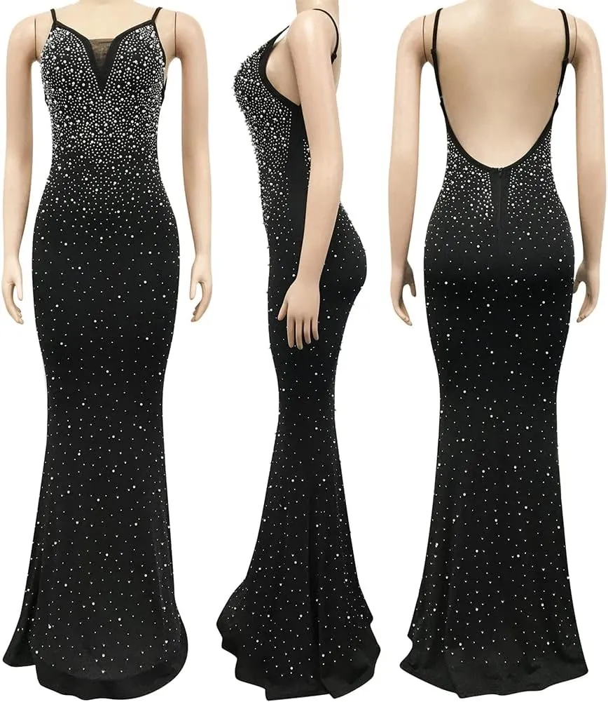 Lrady Womens Elegant Sexy Party Gowns Glitter Rhinestones Bodycon Wedding Formal Evening Cocktail Long Dress