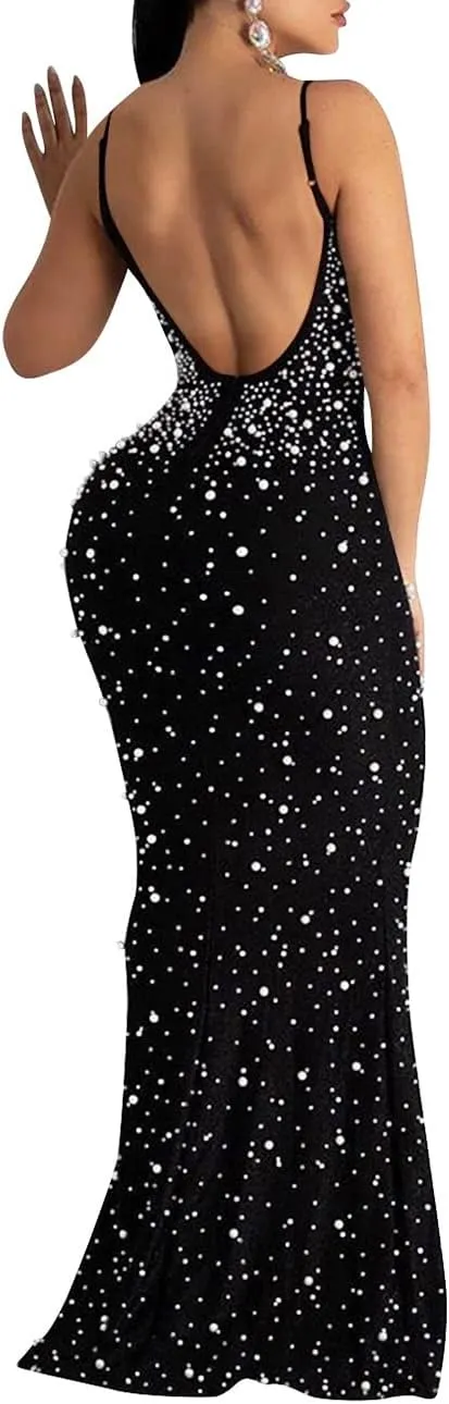 Lrady Womens Elegant Sexy Party Gowns Glitter Rhinestones Bodycon Wedding Formal Evening Cocktail Long Dress