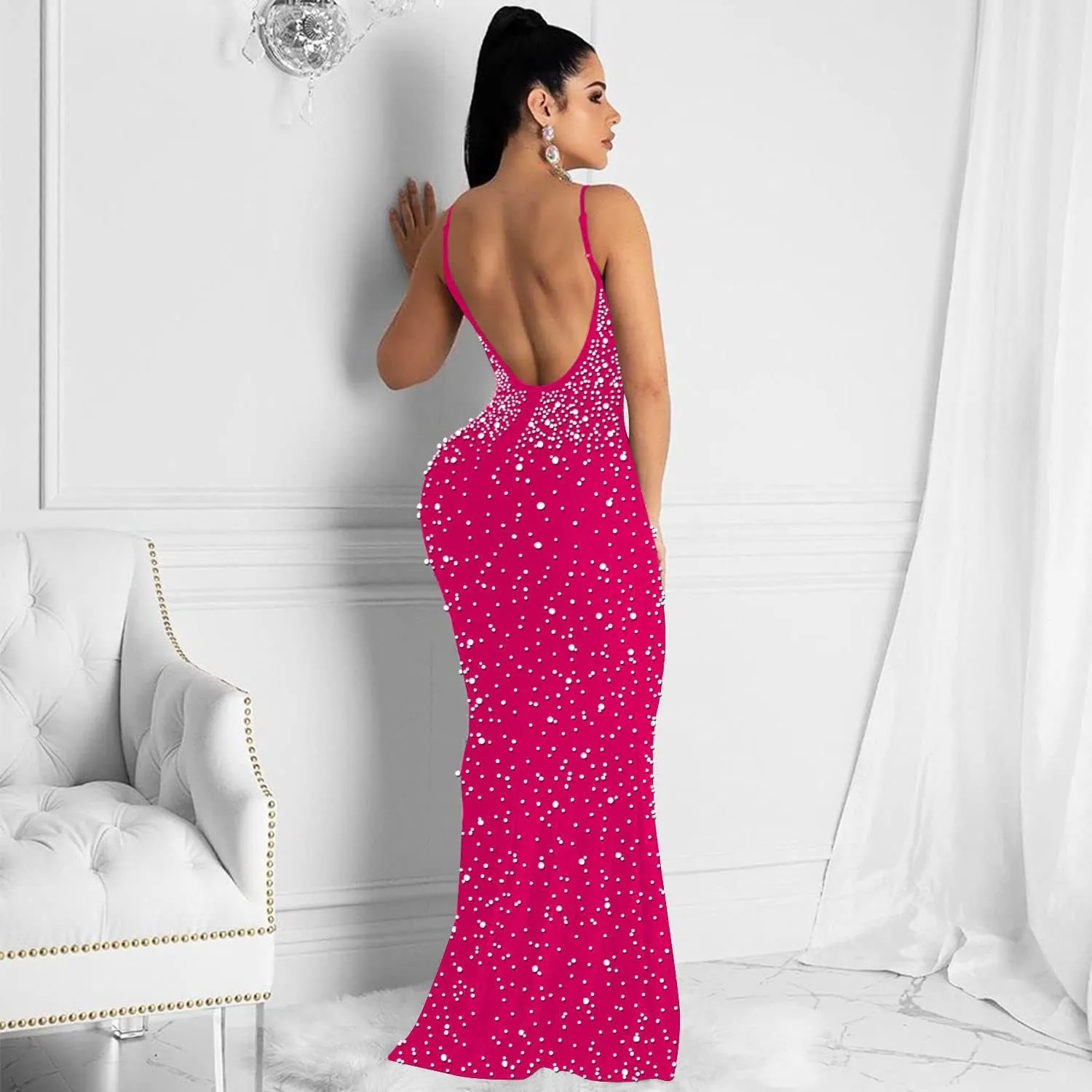 Lrady Womens Elegant Sexy Party Gowns Glitter Rhinestones Bodycon Wedding Formal Evening Cocktail Long Dress