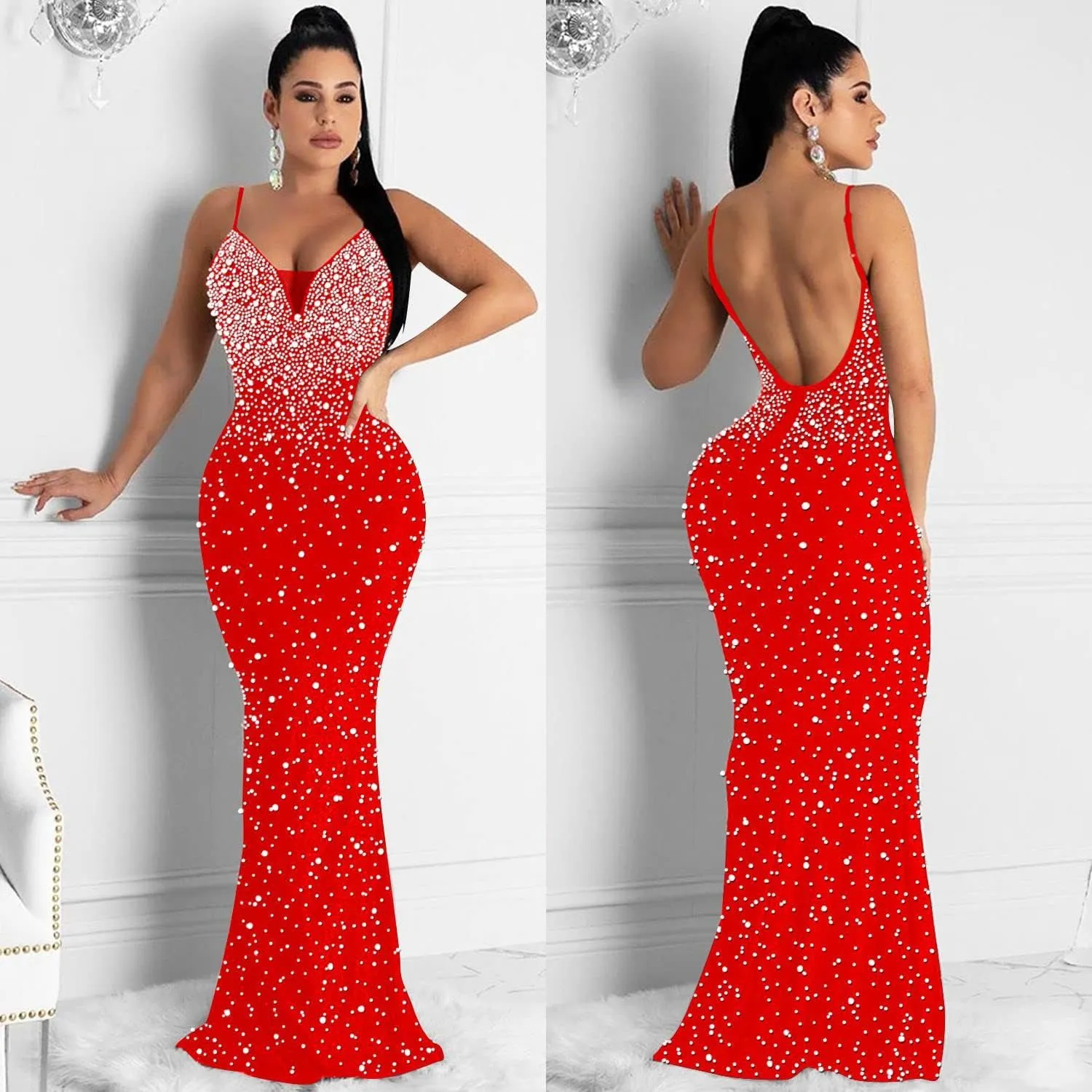 Lrady Womens Elegant Sexy Party Gowns Glitter Rhinestones Bodycon Wedding Formal Evening Cocktail Long Dress