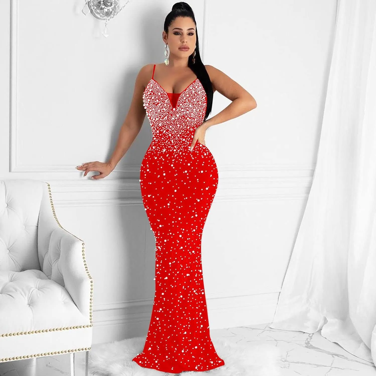 Lrady Womens Elegant Sexy Party Gowns Glitter Rhinestones Bodycon Wedding Formal Evening Cocktail Long Dress