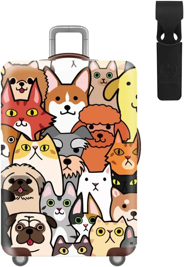Luggage Cover Colorful Suitcase Cover Elastic Protector Sets For 18-32 Inch Suitcase Travel Accessories (Dog & Cat, M)