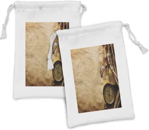 Lunarable Compass Fabric Pouch Set of 2, Compass and Glasses on Old Paper History Exploring Cartography Illustration, Small Drawstring Bag for Toiletries Masks and Favors, 9" x 6", Copper Brown