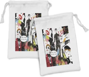 Lunarable Fashion Fabric Pouch Set of 2, Cool Print of Magazine Papers Glamour Ladies and Theme Artwork, Small Drawstring Bag for Toiletries Masks and Favors, 9" x 6", Multicolor