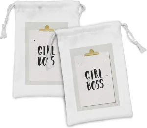 Lunarable Girl Boss Fabric Pouch Set of 2, Positive Lettering on Paper Look Backdrop Inky Empowering Thematic Design, Small Drawstring Bag for Toiletries Masks and Favors, 9" x 6", Mustard and Grey