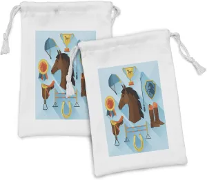 Lunarable Horseshoe Fabric Pouch Set of 2, Pattern of Horse Related Elements on Blue Saddle Trophy Riders Boots and Hat, Small Drawstring Bag for Toiletries Masks and Favors, 9" x 6", Multicolor
