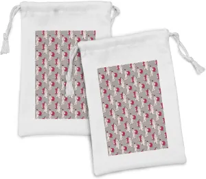 Lunarable Japanese Fabric Pouch Set of 2, Geisha with Paper Umbrella and Hand Fan on a Greyscale Background, Small Drawstring Bag for Toiletries Masks and Favors, 9" x 6", Grey Beige and Ruby