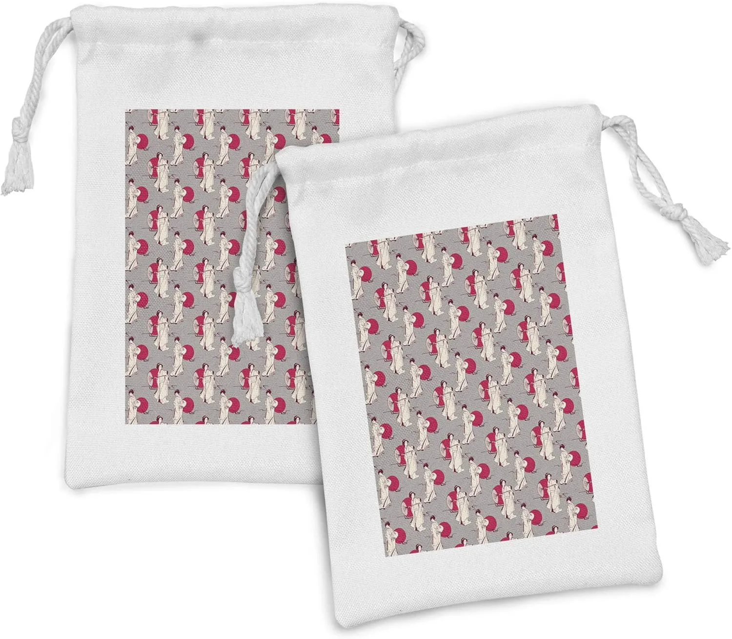 Lunarable Japanese Fabric Pouch Set of 2, Geisha with Paper Umbrella and Hand Fan on a Greyscale Background, Small Drawstring Bag for Toiletries Masks and Favors, 9" x 6", Grey Beige and Ruby