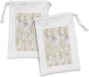 Lunarable Oriental Fabric Pouch Set of 2, Colorful Origami Cranes Paper with Branches and Flowers East Culture, Small Drawstring Bag for Toiletries Masks and Favors, 9" x 6", Yellow Beige and Lilac