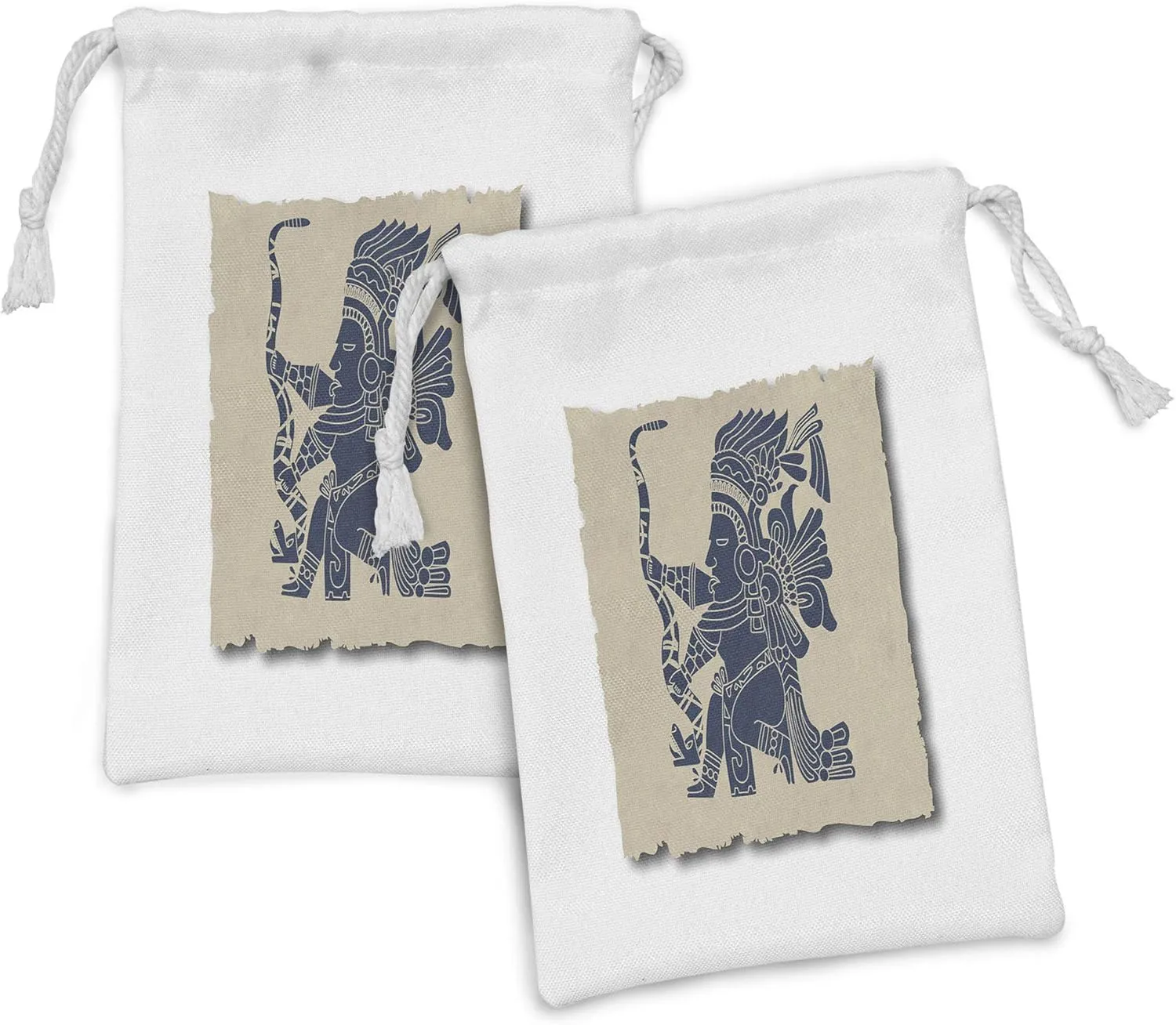 Lunarable Tribal Fabric Pouch Set of 2, Mayan and Inca Prehistoric Art Motif with Man in Old Paper Print, Small Drawstring Bag for Toiletries Masks and Favors, 9" x 6", Beige Blue Grey