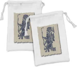 Lunarable Tribal Fabric Pouch Set of 2, Mayan and Inca Prehistoric Art Motif with Man in Old Paper Print, Small Drawstring Bag for Toiletries Masks and Favors, 9" x 6", Beige Blue Grey