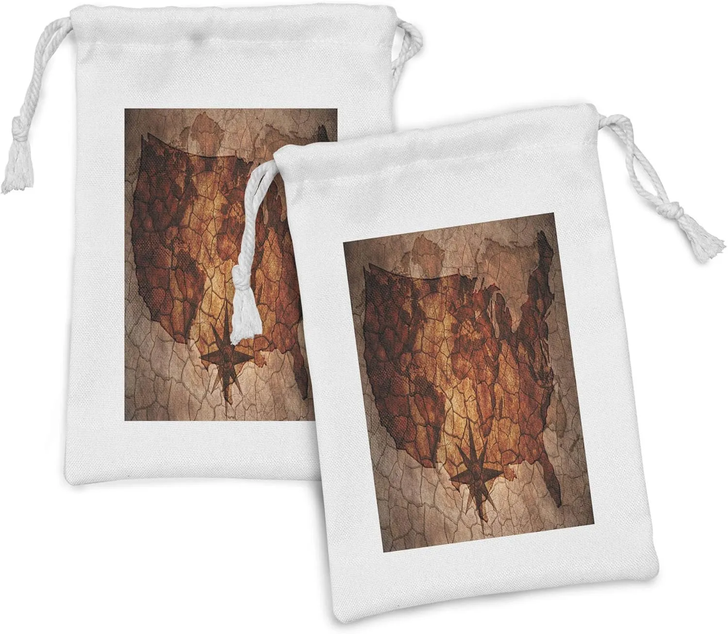 Lunarable USA Map Fabric Pouch Set of 2, American Cartography on Vintage Cracked Paper Background Journey Pattern, Small Drawstring Bag for Toiletries Masks and Favors, 9" x 6", Redwood Tan