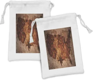 Lunarable USA Map Fabric Pouch Set of 2, American Cartography on Vintage Cracked Paper Background Journey Pattern, Small Drawstring Bag for Toiletries Masks and Favors, 9" x 6", Redwood Tan