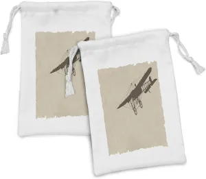 Lunarable Vintage Fabric Pouch Set of 2, Retro Airplane Silhouette on Old Paper Style Background Transportation Adventure, Small Drawstring Bag for Toiletries Masks and Favors, 9" x 6", Tan Brown