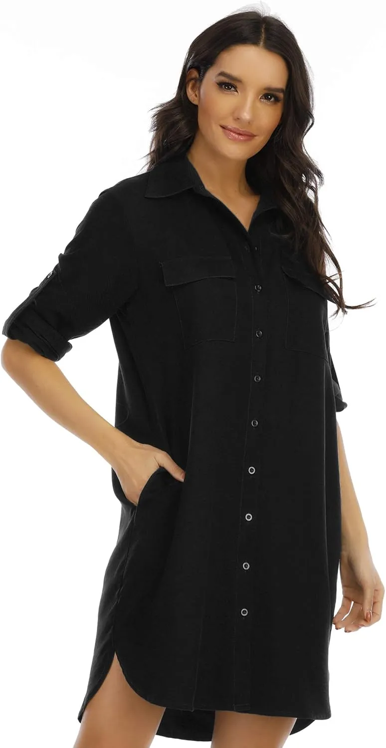 LUSMAY Women's Long Sleeve V Neck Button Down Shirt Dresses Casual Summer Dress with Pocket
