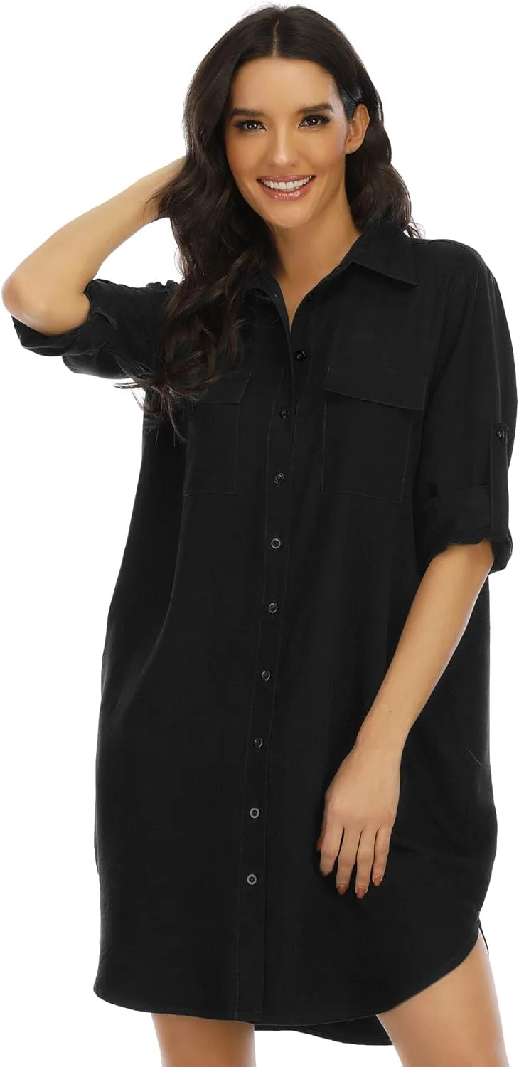 LUSMAY Women's Long Sleeve V Neck Button Down Shirt Dresses Casual Summer Dress with Pocket