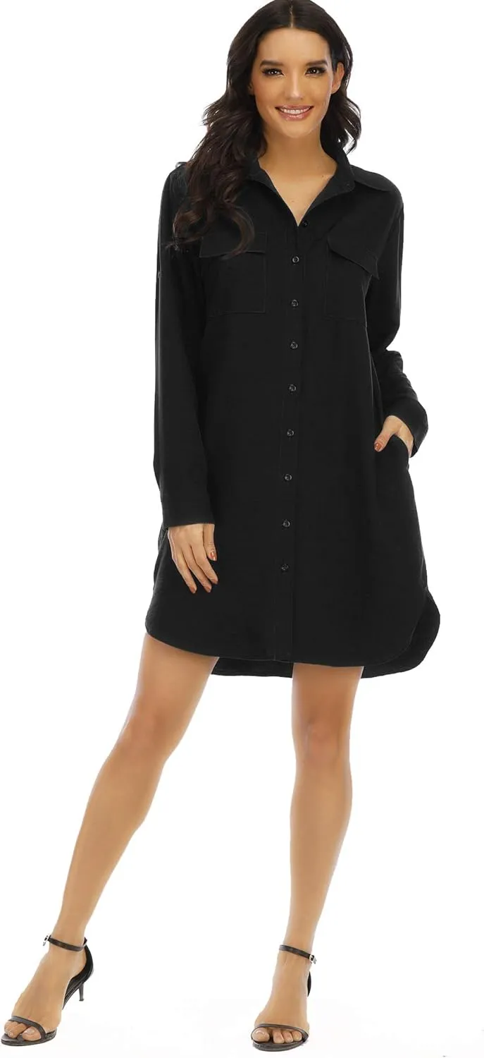 LUSMAY Women's Long Sleeve V Neck Button Down Shirt Dresses Casual Summer Dress with Pocket
