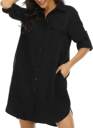 LUSMAY Women's Long Sleeve V Neck Button Down Shirt Dresses Casual Summer Dress with Pocket