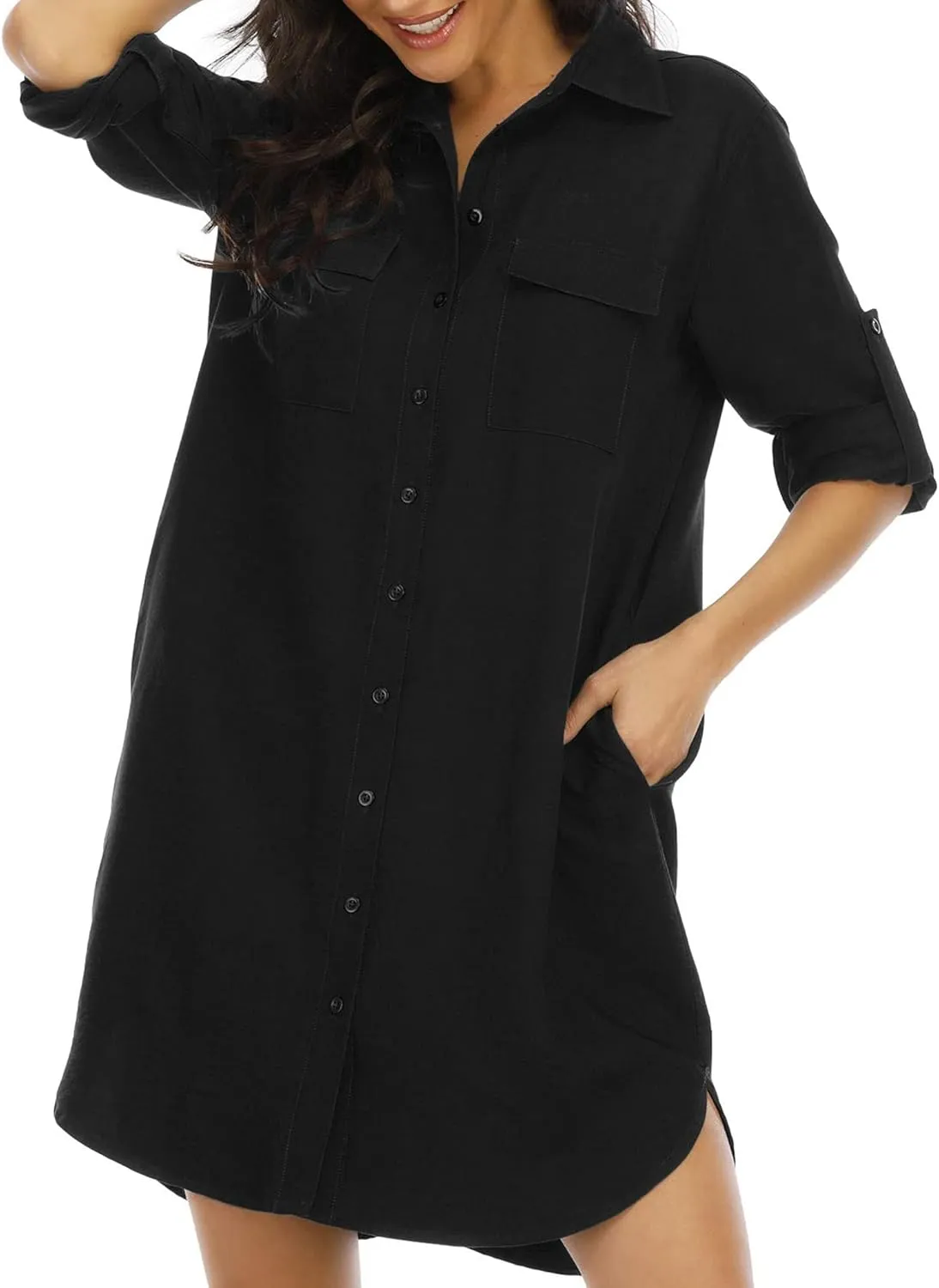 LUSMAY Women's Long Sleeve V Neck Button Down Shirt Dresses Casual Summer Dress with Pocket