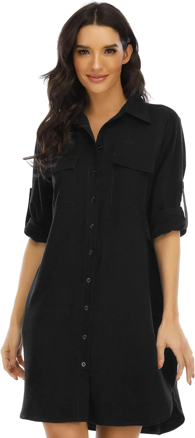 LUSMAY Women's Long Sleeve V Neck Button Down Shirt Dresses Casual Summer Dress with Pocket