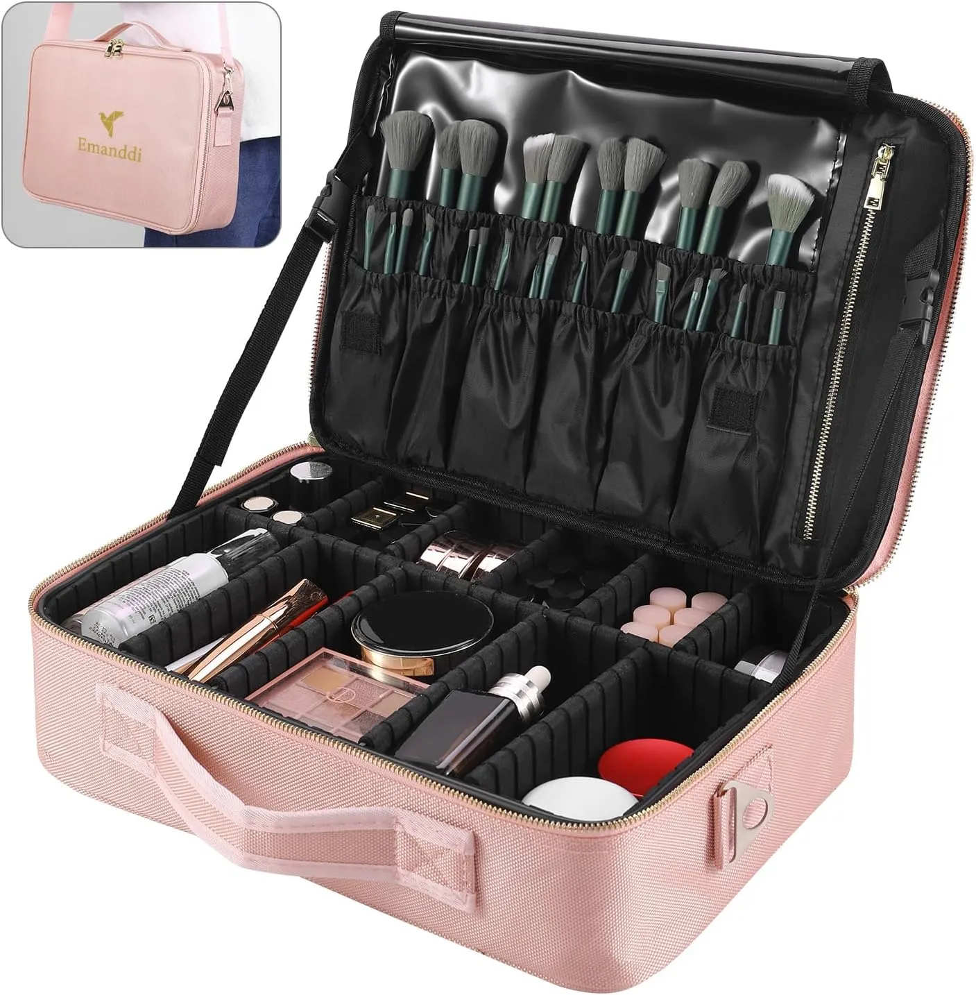 Makeup Bag | Waterproof Travel Cosmetic Organizer with Adjustable Dividers | Portable Beauty Case for Brushes, Toiletries & Accessories (Pink, Medium)