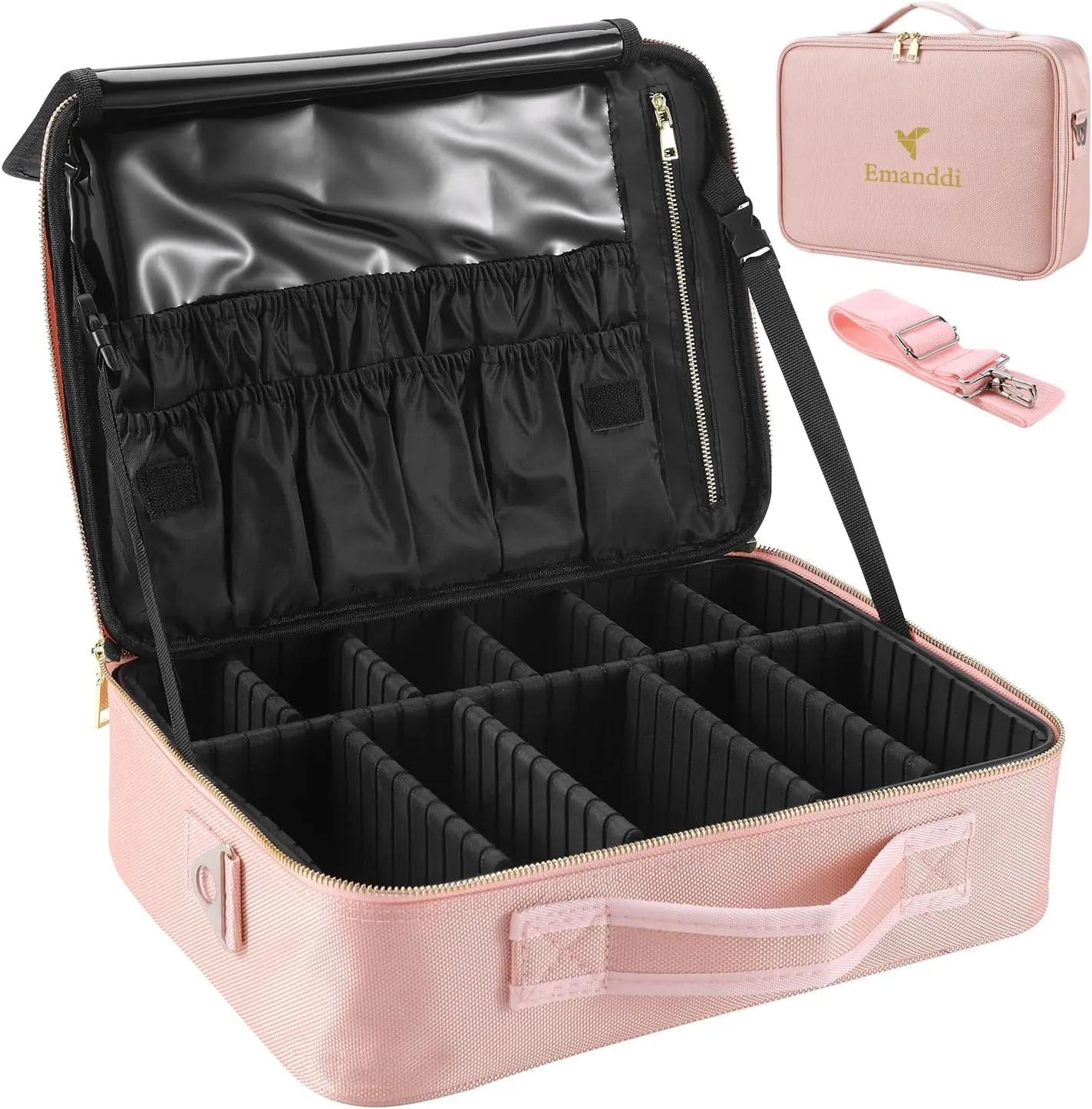 Makeup Bag | Waterproof Travel Cosmetic Organizer with Adjustable Dividers | Portable Beauty Case for Brushes, Toiletries & Accessories (Pink, Medium)