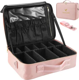 Makeup Bag | Waterproof Travel Cosmetic Organizer with Adjustable Dividers | Portable Beauty Case for Brushes, Toiletries & Accessories (Pink, Medium)