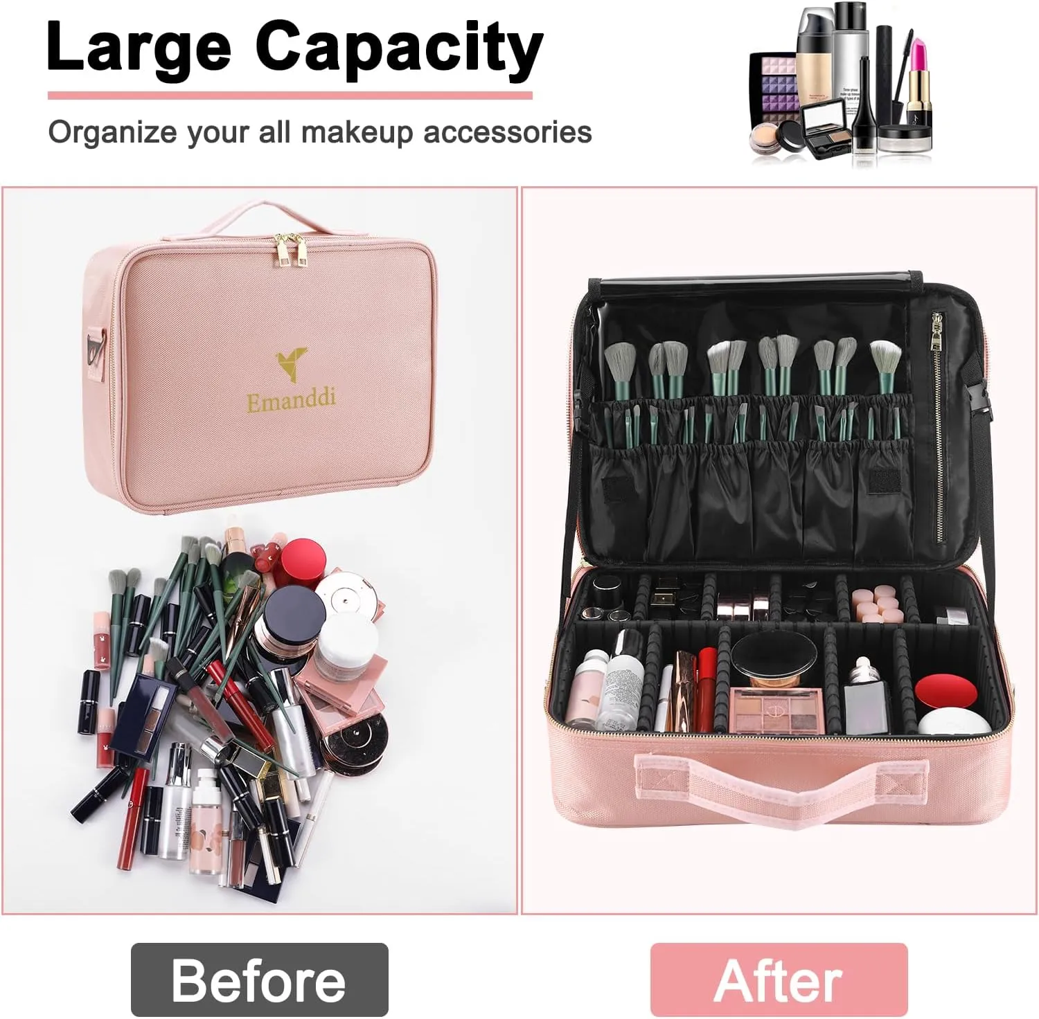 Makeup Bag | Waterproof Travel Cosmetic Organizer with Adjustable Dividers | Portable Beauty Case for Brushes, Toiletries & Accessories (Pink, Medium)