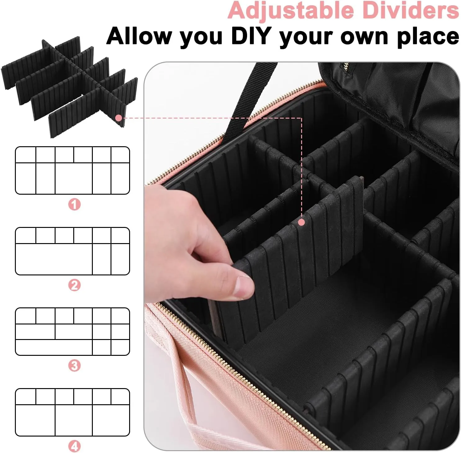 Makeup Bag | Waterproof Travel Cosmetic Organizer with Adjustable Dividers | Portable Beauty Case for Brushes, Toiletries & Accessories (Pink, Medium)
