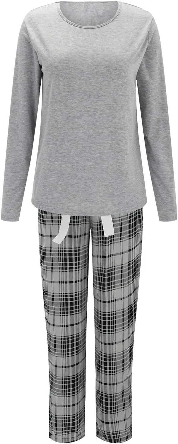 MBWTRP Women's Pajama Sets Plaid Checked Loungewear Set Long Sleeve Cotton Top and Pants Floral Printed Sleepwear for Ladies