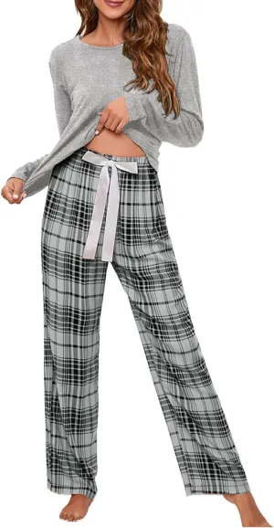 MBWTRP Women's Pajama Sets Plaid Checked Loungewear Set Long Sleeve Cotton Top and Pants Floral Printed Sleepwear for Ladies