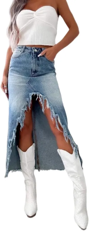Melliflo Women's Summer Split Denim Frayed Long Skirts High Waisted Bodycon A Line Skirts Trendy Raw Hem Jean Skirts