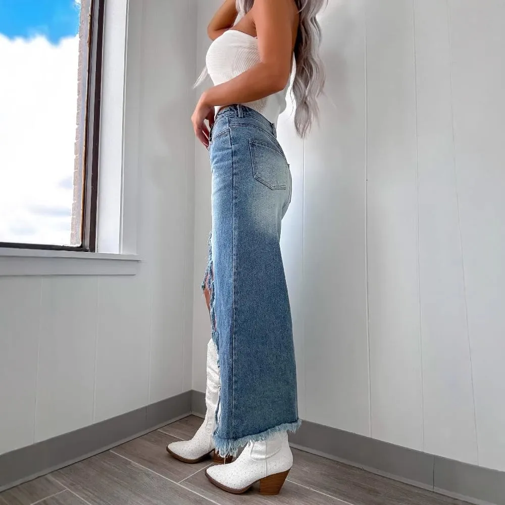 Melliflo Women's Summer Split Denim Frayed Long Skirts High Waisted Bodycon A Line Skirts Trendy Raw Hem Jean Skirts
